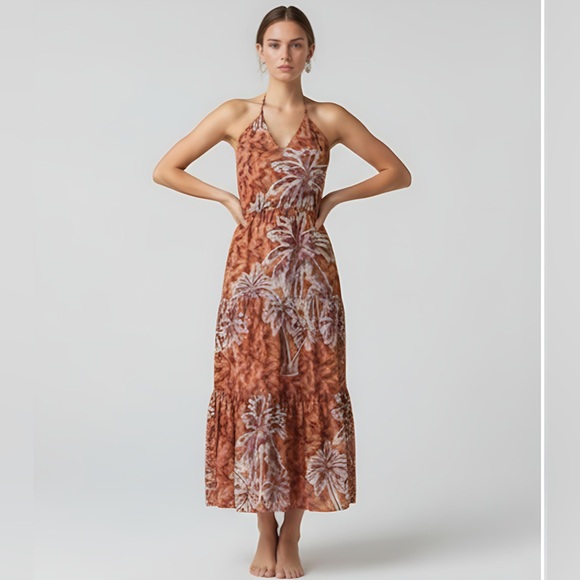 Tropical Print Ruffle Hem Tie Back Halter Dress - Picture 2 of 10